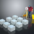 Precast Concrete Blocks On Construction Site With Surveying Equipment Tripod And Worker