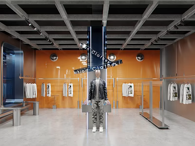 Modern Clothing Store Interior With Orange Walls Mannequin Leather Jacket Camouflage Pants Hanging T-shirts 3d model