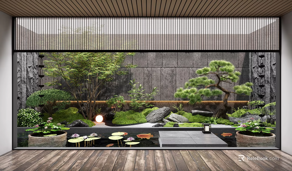 Japanese Zen Garden With Stone Rocks Pine Trees Moss And Lotus Pond 3d model 