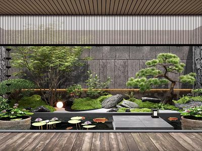 Japanese Zen Garden With Stone Rocks Pine Trees Moss And Lotus Pond 3d model