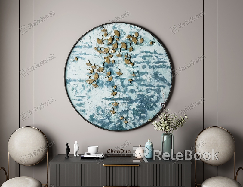 New Chinese Style Round Frame Painting Round Blue Bottom Ginkgo Leaf Decorative Painting model