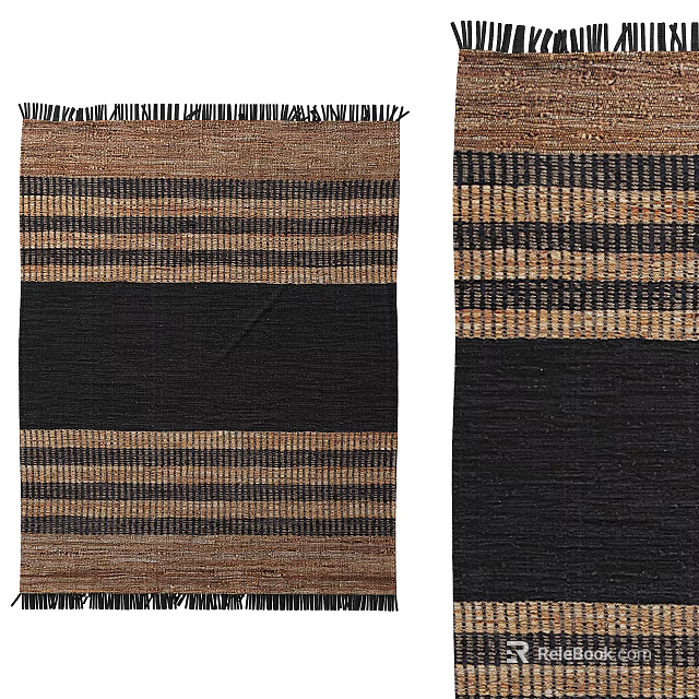 Square Rug With Horizontal Stripes Brown Black Beige Fringed Edges Modern Style 3d model 