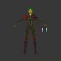 Female Character In Black Bodysuit With Red Shoulders Standing Against Black Background With Small Objects