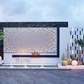 Modern Feature Wall with Perforated Pattern Water Feature and Cacti Palm Trees in Garden 3d model