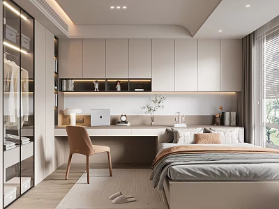 Modern Tatami Bedroom Interior Design With Bed Desk Chair And Storage Cabinets 3d model