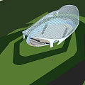 Streamlined Modern Architectural Design With White Grid Exterior Grassland Surroundings And Urban Backdrop