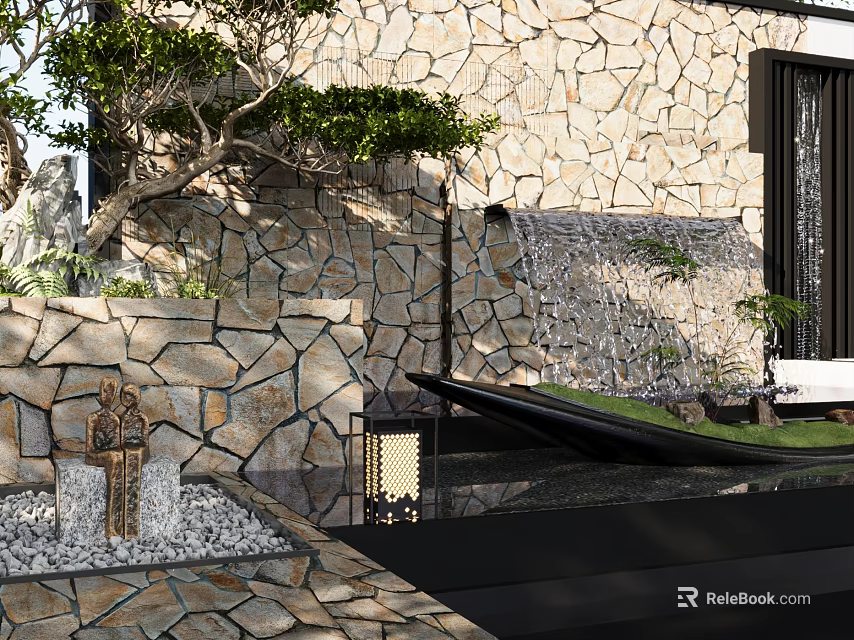 Outdoor Courtyard Design With Stone Wall Waterfall Hammock Lantern And Green Plants 3d model 