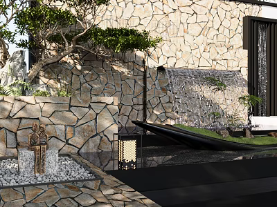 Outdoor Courtyard Design With Stone Wall Waterfall Hammock Lantern And Green Plants 3d model