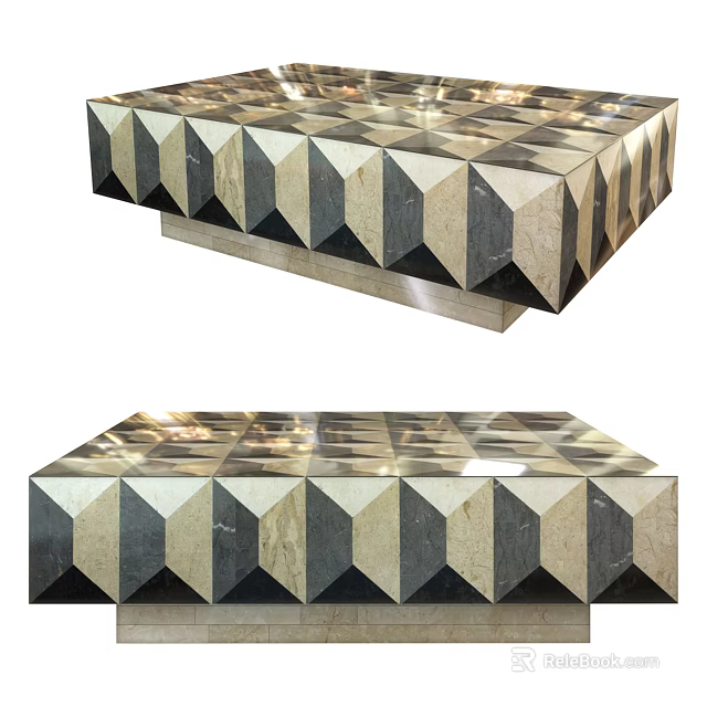 Modern Coffee Table With Geometric Marble Inlaid Design And Black White Surface 3d model 