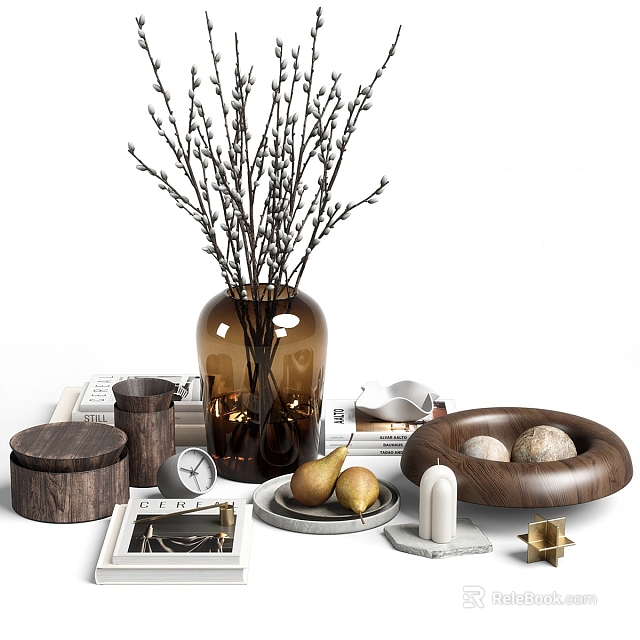 Minimalist Decorative Ornament Set With Glass Vase Twigs Wooden Bowl Pears Clock Candle And Gold Accents 3d model 