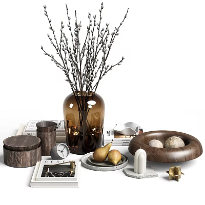 Minimalist Decorative Ornament Set With Glass Vase Twigs Wooden Bowl Pears Clock Candle And Gold Accents 3d model