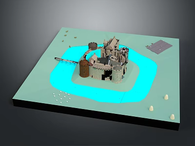 Cartoon Scene Featuring Castle Model With Blue Moat And Decorative Elements On Base 3d model