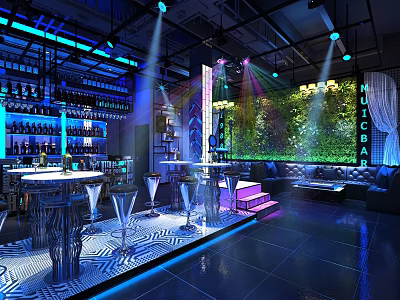 Modern Bar Interior With Neon Lights Green Wall Decor And Bar Stools 3d model