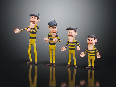 Cartoon Characters In Yellow And Black Striped Clothes With Various Expressions Standing Together 3d model
