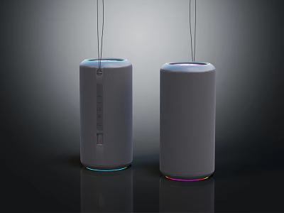 White Cylindrical Speakers With Colorful Base Ring Lights And Hanging Top Cables 3d model