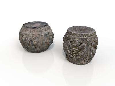 Traditional Chinese Stone Drum Stools With Intricate Carved Patterns And Vintage Design 3d model