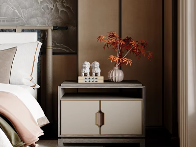 Modern Bedroom Bedside Table With Drawers Decorative Vase And Small Figurines 3d model