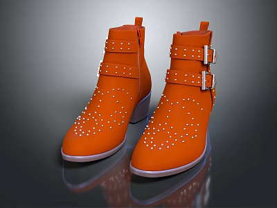 Orange Studded Ankle Boots With Double Buckles And Block Heel 3d model