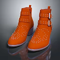 Orange Studded Ankle Boots With Double Buckles And Block Heel