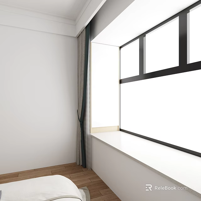 Modern Room Corner With Large Window Gray Curtains And Wooden Floor 3d model 
