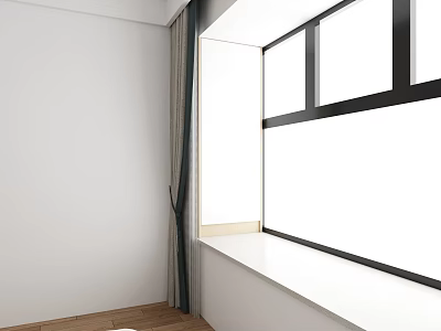 Modern Room Corner With Large Window Gray Curtains And Wooden Floor 3d model