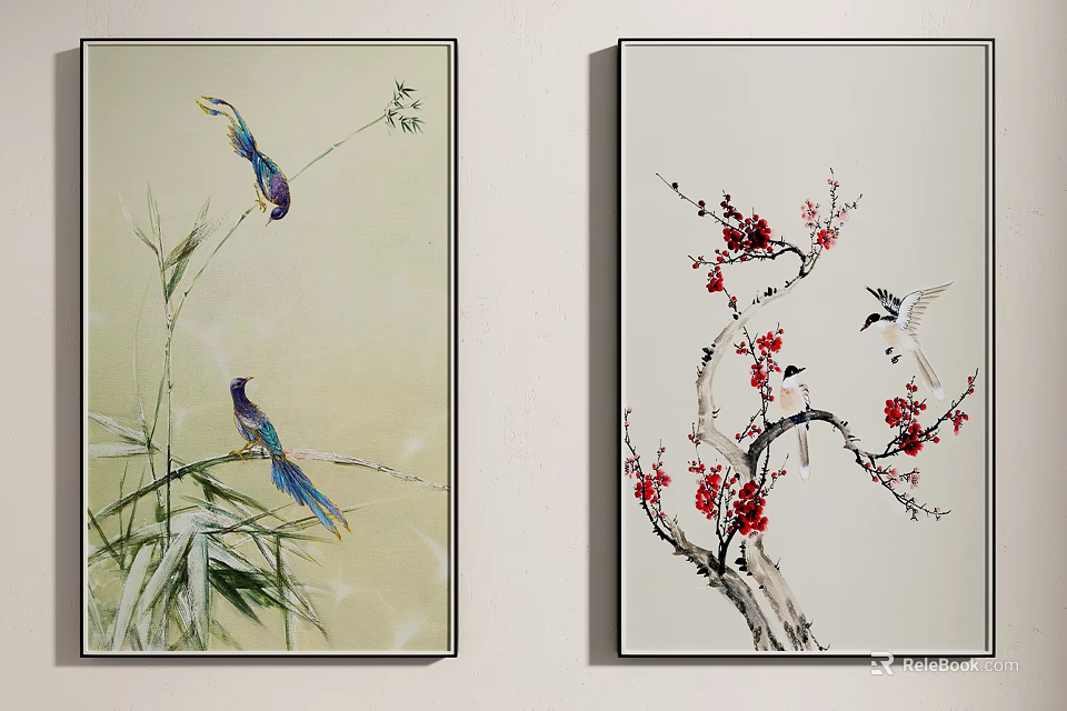 Plant Paintings Featuring Bamboo Plum Blossoms And Birds On Wall 3d model 