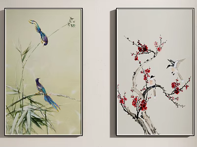 Plant Paintings Featuring Bamboo Plum Blossoms And Birds On Wall 3d model