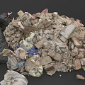 Pile Of Construction Debris With Black Garbage Bags Broken Stones And Waste