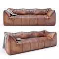 Oversized Brown Leather Sofa with Stitched Details and Gray Blanket Accent 3d model