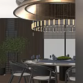 Modern Private Dining Box With Wooden Walls Chandelier Round Table Green Plants And Natural View