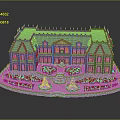 Ancient Architecture Featuring Purple Roof White Body Symmetric Blue Fountains Green Lawn and Circular Fence