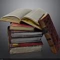 Modern Wooden Bookshelf Display With Stacked Books And Open Pages
