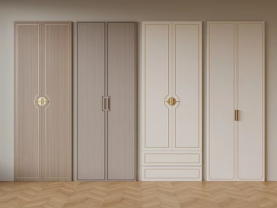 Modern Stylish Wardrobe Doors With Wooden Gray White Panel Designs And Golden Round Bar Handles 3d model