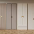 Modern Stylish Wardrobe Doors With Wooden Gray White Panel Designs And Golden Round Bar Handles