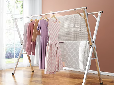 Clothes Hanging On Aluminum Clothes Rack With Dresses Tops And Patterned Blanket 3d model