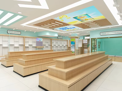 Bright Specialty Store Interior With Wooden Display Counters White Shelves And Decorative Ceiling Artwork 3d model