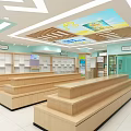 Bright Specialty Store Interior With Wooden Display Counters White Shelves And Decorative Ceiling Artwork