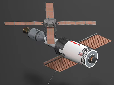Space Station Module With Solar Panels And American Flag Structure Design 3d model