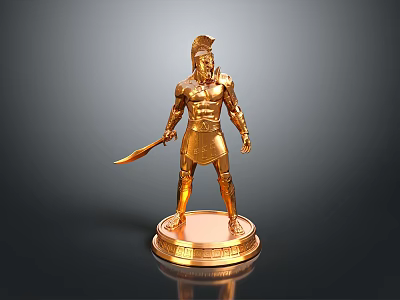 Golden Ancient Warrior Statue With Spear Armor And Decorative Base 3d model