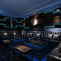 Modern Elegant KTV Room with Black Sofas Blue Lighting Coffee Tables and TV Screens