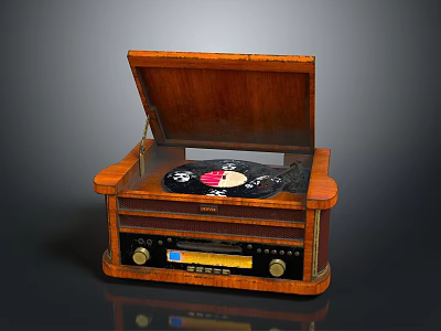 Vintage Wooden Record Player With Vinyl Disc And Radio Function 3d model