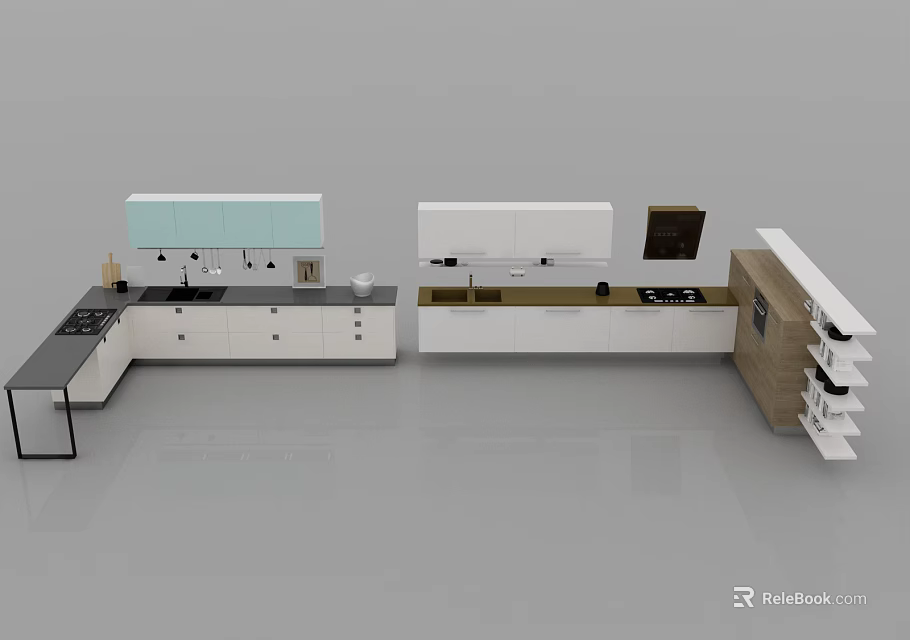 Modern Kitchen Cabinets With White And Wood Finishes And Functional Design Layout 3d model 