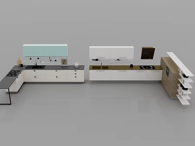 Modern Kitchen Cabinets With White And Wood Finishes And Functional Design Layout 3d model