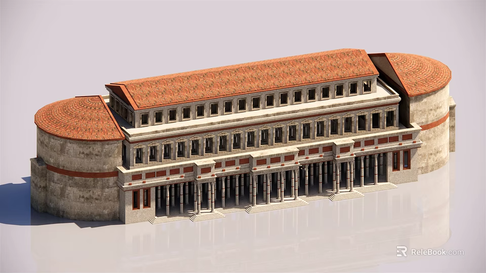 Classical European Architecture With Red Tiled Roof And Columned Arcades Design 3d model 
