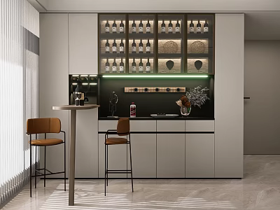 Modern White Sideboard With Glass Door Wine Rack Bar Counter And Brown Bar Stools 3d model
