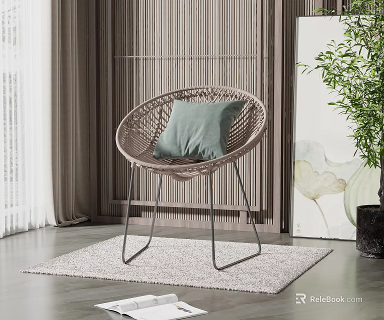 Rattan Leisure Chair with Green Cushion Metal Legs and Wicker Screen on Light Rug 3d model 