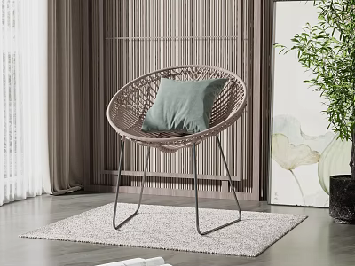 Rattan Leisure Chair with Green Cushion Metal Legs and Wicker Screen on Light Rug 3d model