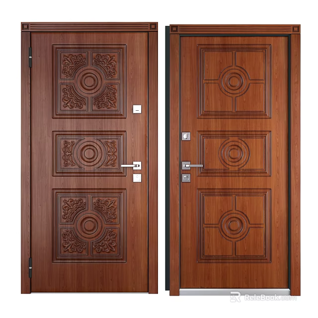 Elegant Wooden Hinged Doors Featuring Intricate Carved Circular Panel Patterns 3d model