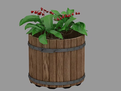 Potted Houseplant With Green Leaves And Red Berries Growing In Wooden Barrel Planter 3d model