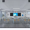 Modern School Classroom Interior With Desks Chairs Blackboard Electronic Screen Windows And Lighting